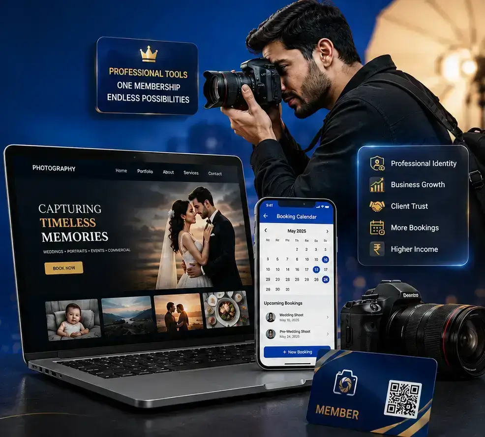 Photographer banner with website on laptop, booking app on phone, membership card, and business benefit icons.