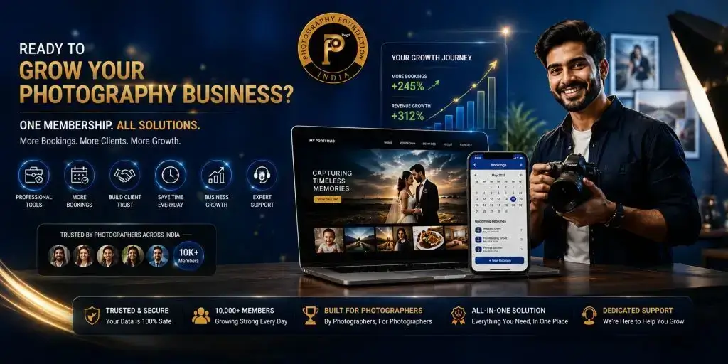 Photography Foundation India membership benefits banner showcasing professional tools, business growth, digital portfolio, booking system, and photographer support.